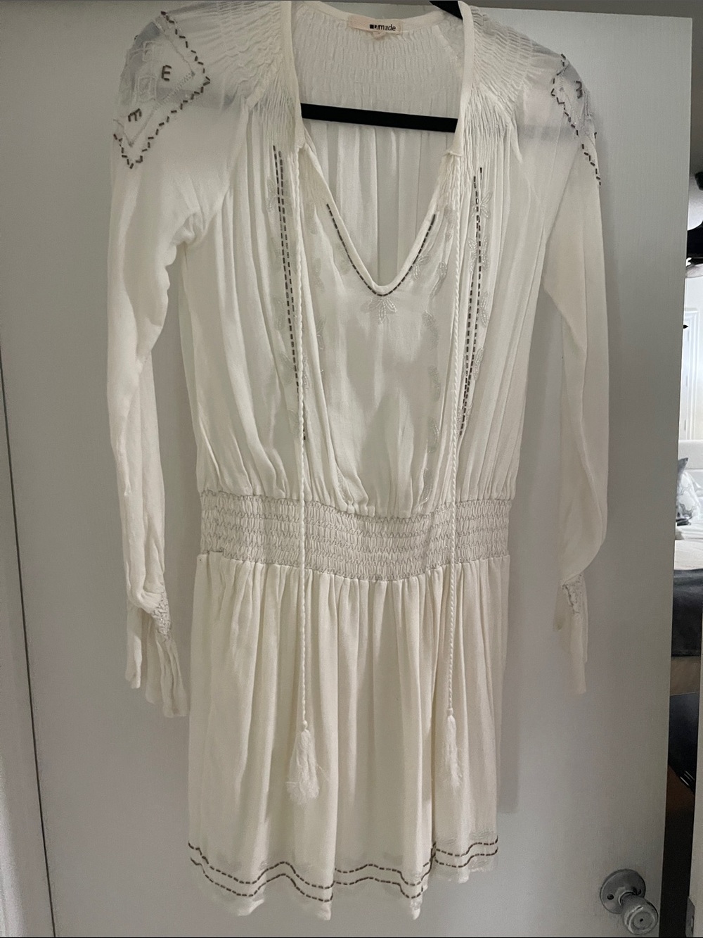 LA Made White Boho Smocked Waist Long Sleeve Dress